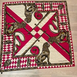 Charles Jourdan Red and White Lion Motif 100% silk large scarf luxury lux royal